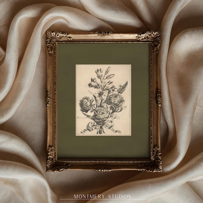 Set of two vintage-inspired flower sketches in soft sage and deep green tones, perfect for wall decor. Delicate botanical drawings with antique etching style, ideal for living room, baby nursery room, kids room, bedroom, or entryway. Classic floral artwork with hand-drawn details, dark green botanical prints for a timeless and elegant home aesthetic. Vintage wall art set, perfect for adding subtle color and natural beauty to any space.