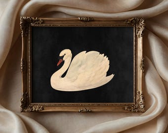 May include: A white swan with a red beak is depicted in a gold frame against a black background. The swan is positioned in a graceful pose, with its wings spread out and its head tilted to the side.
