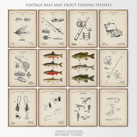 Vintage Fishing Patent Prints Set of 12, Trout, Bass Fishing Art, Largemouth, Smallmouth Bass, Brook, Lake Trout, Fishing Gifts for Men PS11