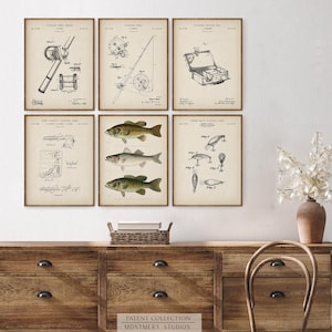Set of 6 Bass Fishing patent prints, featuring Largemouth, Smallmouth, and Striped Bass. Includes vintage fishing lure, fishing reel, and tackle box designs. Ideal for fishing enthusiasts, anglers, and man cave decor. Perfect for lake house walls or as a unique fishing gift. Detailed, vintage illustrations capture the essence of freshwater fishing and North American game fish. High-quality fishing art prints, perfect for home or office decor.