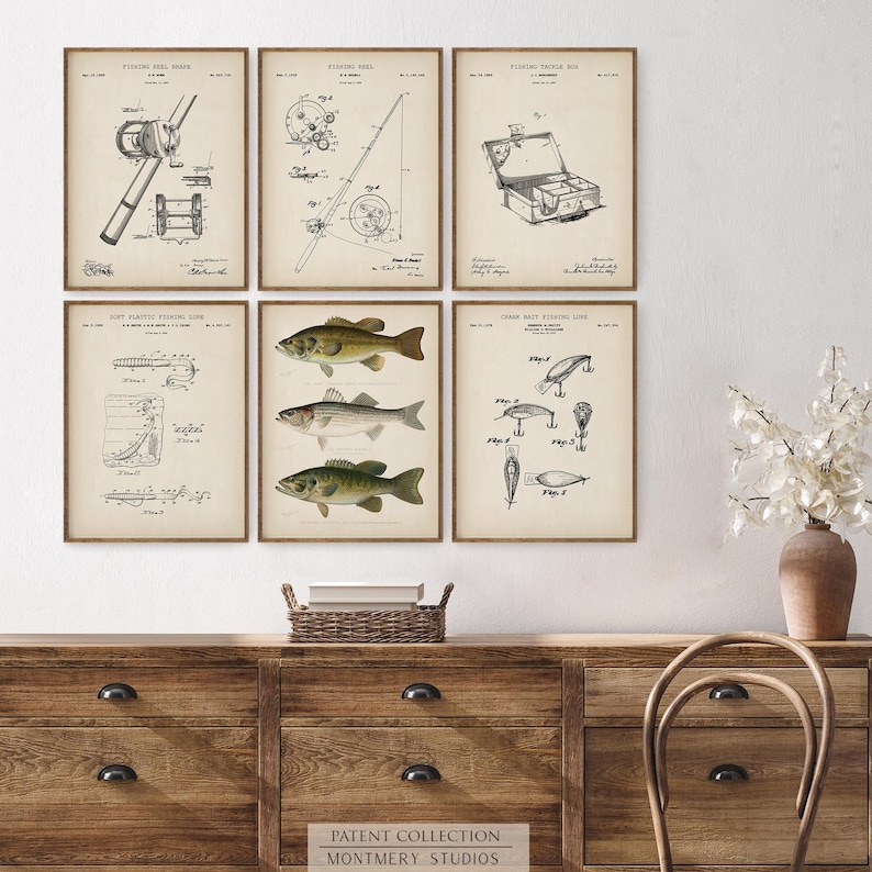 Set of 6 Bass Fishing patent prints, featuring Largemouth, Smallmouth, and Striped Bass. Includes vintage fishing lure, fishing reel, and tackle box designs. Ideal for fishing enthusiasts, anglers, and man cave decor. Perfect for lake house walls or as a unique fishing gift. Detailed, vintage illustrations capture the essence of freshwater fishing and North American game fish. High-quality fishing art prints, perfect for home or office decor.