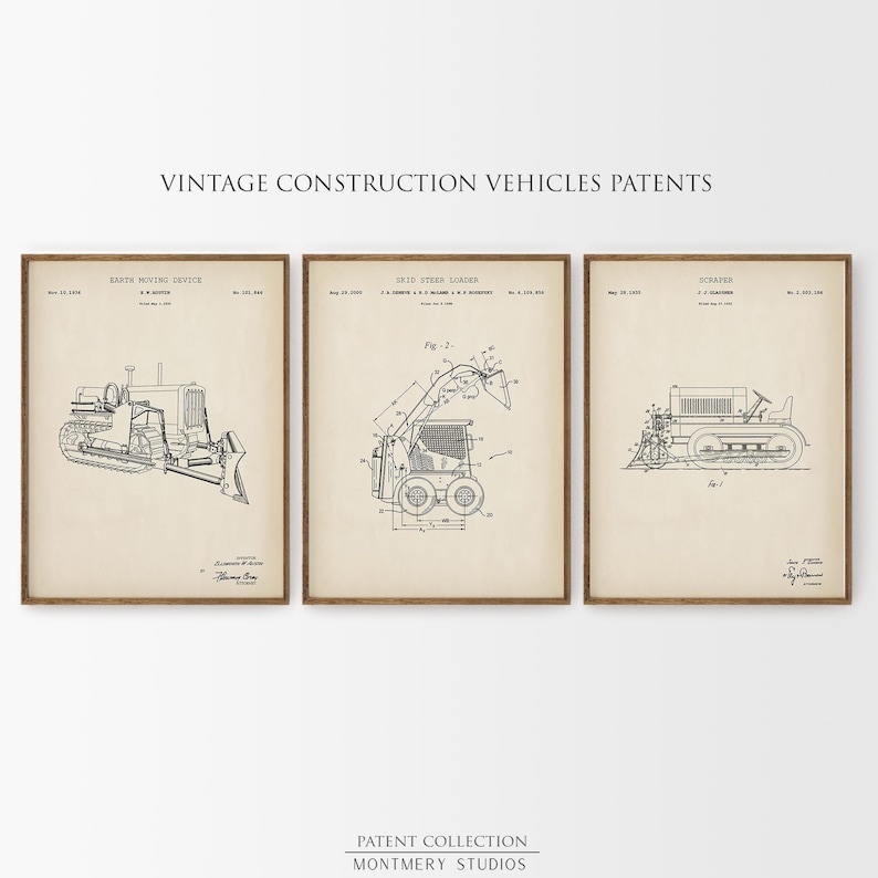 Vintage construction vehicle patent print set featuring 15 heavy equipment designs including excavator, dump truck, bulldozer, backhoe, skid steer loader, tower crane, road roller, and concrete mixer. Perfect for man cave wall art, kids room decor, or contractor gift. These high-resolution prints showcase industrial machinery blueprints and are ideal for boys room art, construction nursery, or heavy equipment collectors.