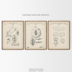 A set of 15 vintage-style soccer patent prints featuring classic soccer ball designs, footwear innovations, and training gear. Ideal wall art for kids' rooms, sports nurseries, man caves, or as a thoughtful gift for young players and coaches. This unique soccer collection blends nostalgic charm with sports history, making it a perfect decor choice for fans of all ages