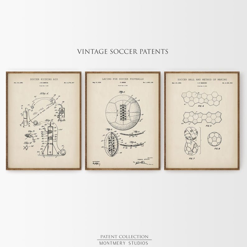 A set of 15 vintage-style soccer patent prints featuring classic soccer ball designs, footwear innovations, and training gear. Ideal wall art for kids' rooms, sports nurseries, man caves, or as a thoughtful gift for young players and coaches. This unique soccer collection blends nostalgic charm with sports history, making it a perfect decor choice for fans of all ages