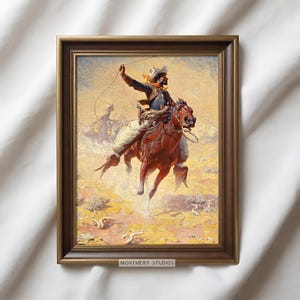 Western cowboy art set of 2 featuring vintage cowboy prints, rustic frontier scenes, and Old West horse riders. Perfect for Western home decor, farmhouse wall art, or Southwestern interiors. Antique cowboy artwork with a nostalgic Wild West feel, ideal for ranch-style homes, cowboy-themed rooms, or rustic lodge decor. Pioneer and frontier-inspired prints capturing the spirit of the American West, blending history, adventure, and classic Western aesthetics.