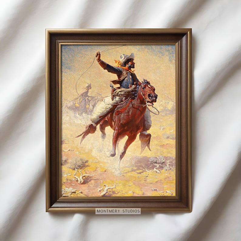 Western cowboy art set of 2 featuring vintage cowboy prints, rustic frontier scenes, and Old West horse riders. Perfect for Western home decor, farmhouse wall art, or Southwestern interiors. Antique cowboy artwork with a nostalgic Wild West feel, ideal for ranch-style homes, cowboy-themed rooms, or rustic lodge decor. Pioneer and frontier-inspired prints capturing the spirit of the American West, blending history, adventure, and classic Western aesthetics.