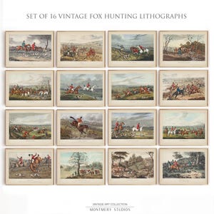 Vintage Jagdlithographien Satz von 16, Fuchsjagd Drucke, englische Landkunst, Jagdszene Radierungen, Jagdgalerie Wanddekoration, C5