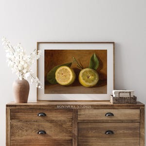 Lemons still life art print, vintage citrus painting, rustic kitchen fruit decor, classic still life artwork, country farmhouse wall art, yellow lemon print for dining room, traditional fruit painting, kitchen citrus wall decor, antique-style still life, elegant lemon artwork for home, timeless fruit illustration, rustic country kitchen print, cozy farmhouse lemon decor, still life citrus composition, vintage-inspired fruit wall art, classic kitchen painting with lemons.