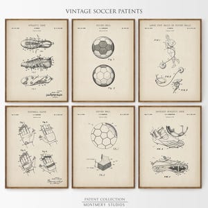 A set of 15 vintage-style soccer patent prints featuring classic soccer ball designs, footwear innovations, and training gear. Ideal wall art for kids' rooms, sports nurseries, man caves, or as a thoughtful gift for young players and coaches. This unique soccer collection blends nostalgic charm with sports history, making it a perfect decor choice for fans of all ages