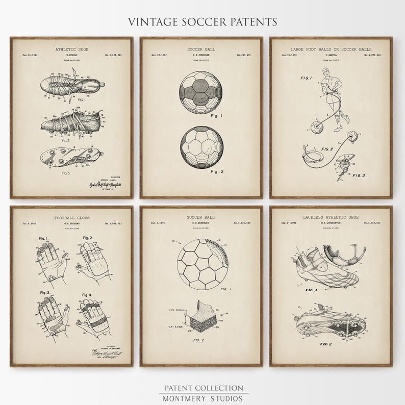 A set of 15 vintage-style soccer patent prints featuring classic soccer ball designs, footwear innovations, and training gear. Ideal wall art for kids' rooms, sports nurseries, man caves, or as a thoughtful gift for young players and coaches. This unique soccer collection blends nostalgic charm with sports history, making it a perfect decor choice for fans of all ages