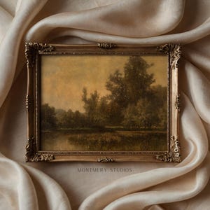 Moody landscape print, vintage muted swamp scenery, rustic country wall art, antique lake view, vintage marsh print for nursery, fall landscape decor, dark toned fall scenery, vintage country gallery art, moody fall art for home, muted countryside landscape, autumn nature decor, dark moody print for rustic interiors, vintage outdoor scenery for walls