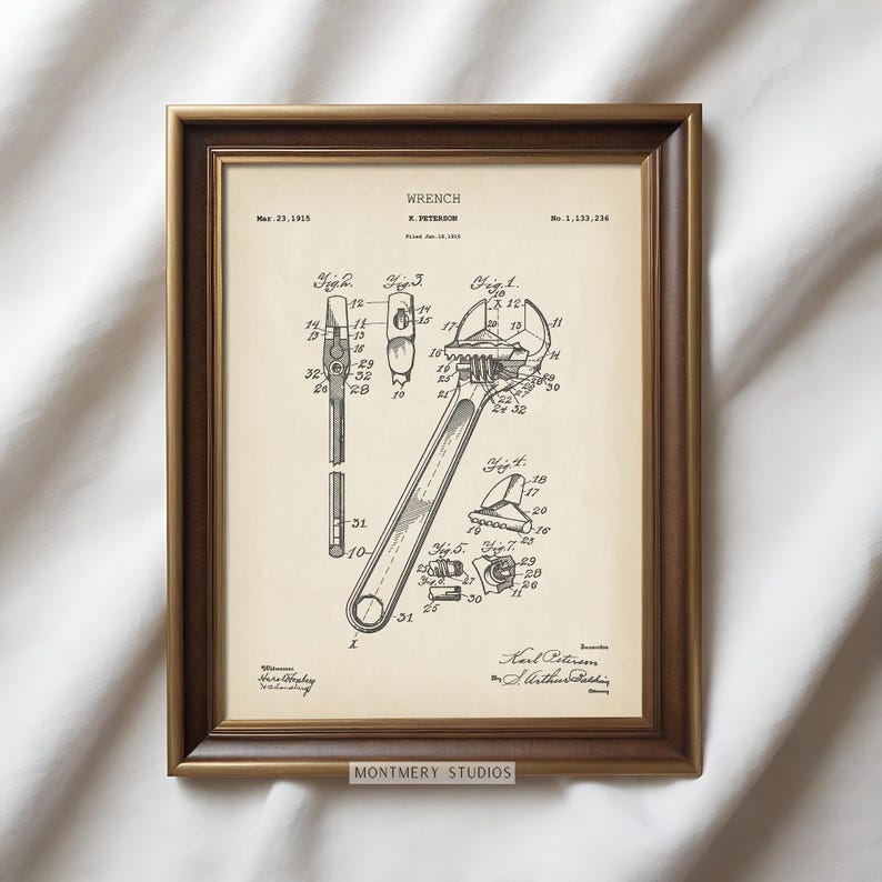 Set of vintage tool blueprint prints featuring detailed patent illustrations of classic workshop equipment like wrenches, drills, hammers, saws, and clamps. Ideal for decorating garages, mechanic shops, carpentry workspaces, or man caves. A thoughtful gift idea for dads, husbands, or handymen who love tools and craftsmanship. Perfect for Father’s Day, birthdays, or home improvement-themed decor.