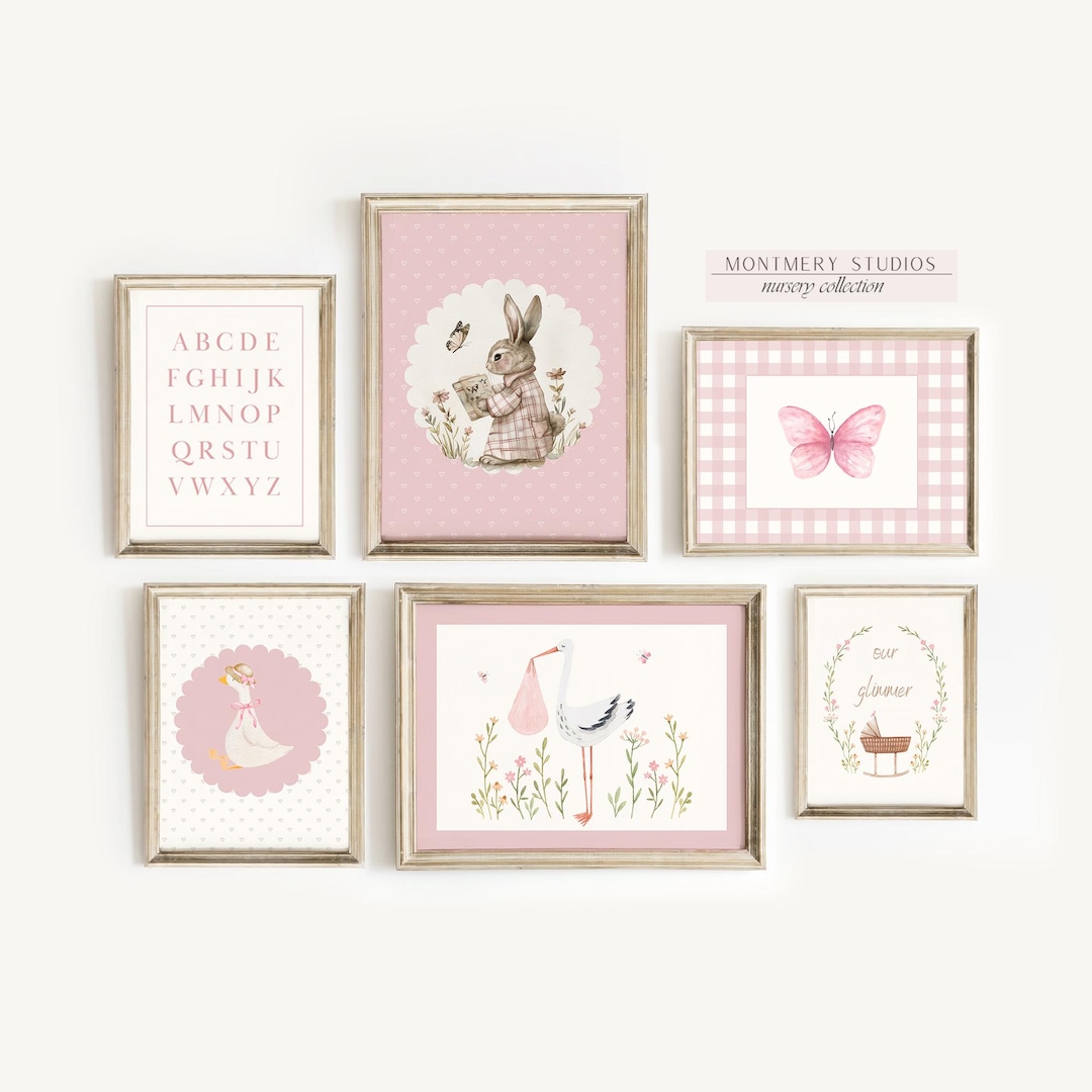 Baby Girl Nursery Wall Art Set of 6, Pink Kids Room Decor, Whimsical ...