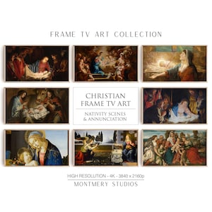 Peut inclure: Une collection de neuf estampes d'art chrétien encadrées représentant des scènes de la Nativité et de l'Annonciation. Les estampes sont de style traditionnel et présentent des couleurs et des détails riches. Le texte "FRAME TV ART COLLECTION" et "CHRISTIAN FRAME TV ART" est affiché en haut de l'image. Le texte "NATIVITY SCENES & ANNUNCIATION" est affiché au centre de l'image. Le texte "HIGH RESOLUTION - 4K - 3840 x 2160p" et "MONTMERY STUDIOS" est affiché en bas de l'image.