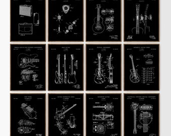 Guitare noire verni 12 gravures, cadeaux guitariste, électrique, acoustique, guitare basse, cadeau musicien, art déco mural studio, PS54