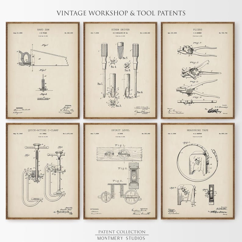 Set of vintage tool blueprint prints featuring detailed patent illustrations of classic workshop equipment like wrenches, drills, hammers, saws, and clamps. Ideal for decorating garages, mechanic shops, carpentry workspaces, or man caves. A thoughtful gift idea for dads, husbands, or handymen who love tools and craftsmanship. Perfect for Father’s Day, birthdays, or home improvement-themed decor.