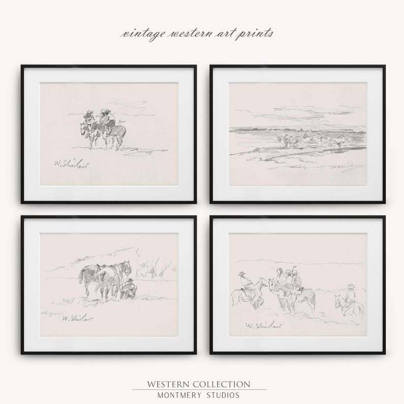 vintage Western art prints, 19th-century Native American life sketches by Walter Shirlaw, black and white frontier decor, cowboy prints, rustic home decor, historical art prints, Western wall art, pioneer art, antique sketches