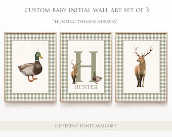 Custom Baby Initial Print, Hunting Nursery Sign, Mallard Duck, Deer Hunting Nursery, Sage Green Nursery Decor, Custom Baby Name Wall Art