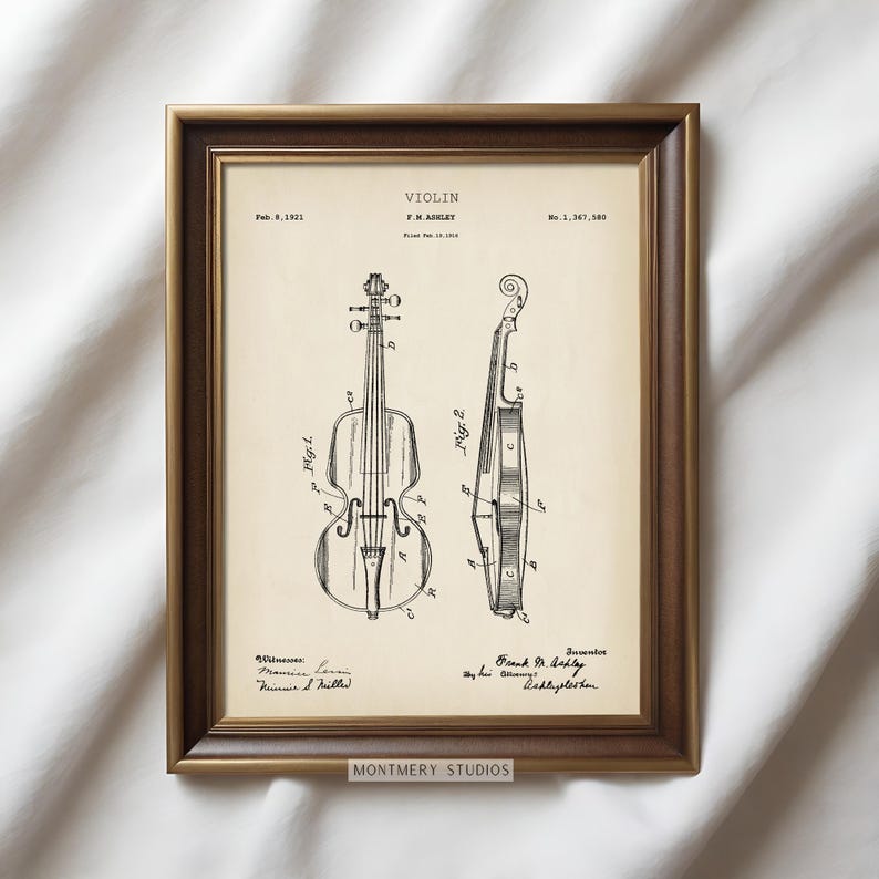 Set of 12 vintage violin patent prints featuring detailed illustrations of iconic violin parts, including violin bow, chin rest, tuning pegs, violin case, shoulder rest, bridge, tailpiece, mute, and full violin design. Ideal wall decor for music teachers, violinists, classical music lovers, and music room, studio, or orchestra spaces. A unique gift for musicians and string instrument enthusiasts.