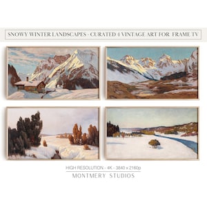 Snowy Winter Landscapes: Vintage Frame TV Art Set of 4, featuring Snowy Mountains and Forests, Country Farmhouse Frame TV Art, TVS03
