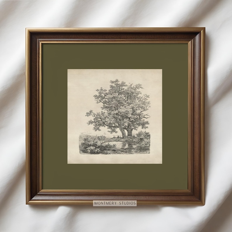 Antique tree etching, vintage forest landscape, square printable wall art with sage green mat, 19th century Dutch drawing, old oak trees by a lake, dark green nature sketch, classical tree illustration, rustic woodland decor, forest art print download, vintage-style landscape for gallery wall, Remigius Adrianus Haanen artwork, detailed tree line drawing, printable antique artwork for home decor