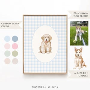 Custom Puppy Nursery Art, 100+ Dog Breeds, Personalized Plaid (Blue, Pink, Green, Beige, Gray) Dog Nursery Decor for Baby Boy, Girl, Digital