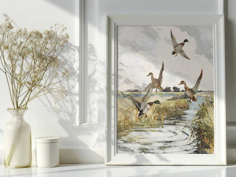 Set of 2 vintage duck prints, mallard and redhead ducks in a classic painting style, rustic farmhouse wall decor, wildlife artwork, nature prints, antique duck art, prints for vintage gallery walls, country home style, gift for wildlife nature lovers