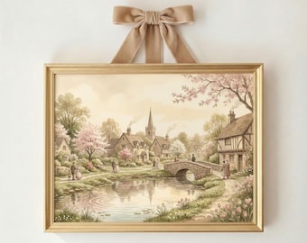 Gedämpfter Frühling Print Digital Download | Vintage Frühling Dekor | Neutrale Frühlingslandschaft Kunst | Frühling Dorfhäuser | Aquarell Kirche Print