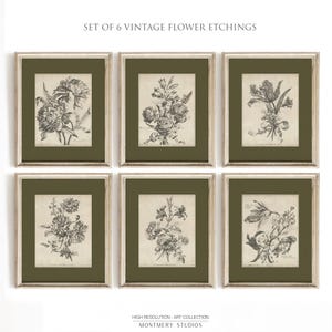 May include: A set of six framed vintage flower etchings. Each print displays a detailed black and white botanical illustration, set against a muted green background. The frames have a silver finish. Text at the top reads "SET OF 6 VINTAGE FLOWER ETCHINGS".