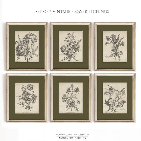 6 Vintage Flower Sketch Prints, Sage Green Wall Art, Floral Drawing, Vintage Etchings, Dark Green Botanical Prints, Antique Art Print, S056