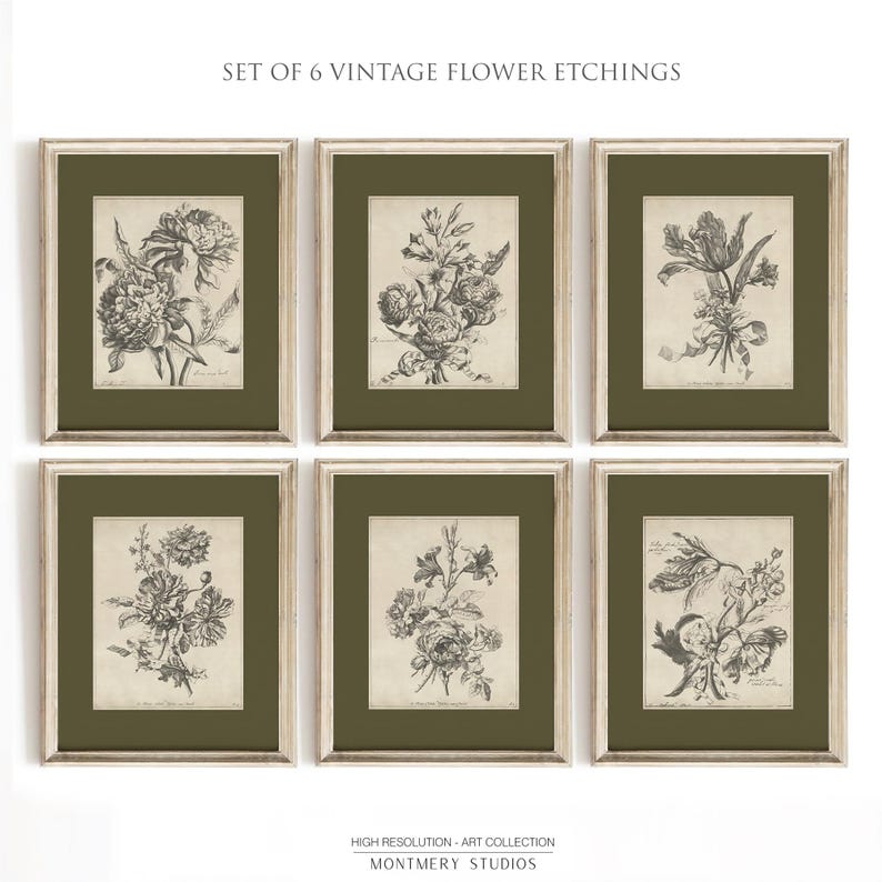 Set of six vintage flower sketches in sage green and dark green tones, featuring botanical illustrations with antique etching style. Elegant floral drawings and green botanical prints perfect for living room, bedroom, nursery, or entryway decor. This vintage floral wall art set brings timeless charm and natural beauty to any space, adding subtle color and classic design to farmhouse, cottage, or modern interiors.