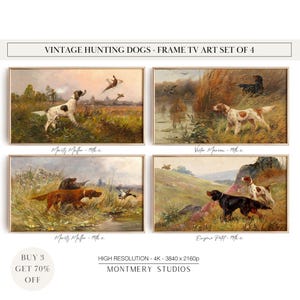 May include: Set of four vintage hunting dog paintings in ornate gold frames. Each painting depicts a dog in a field setting with a pheasant or duck in the background. The paintings are titled "Moritz Maffer", "Victor Marcou", "Mority Maller", and "Eugene Poltt".