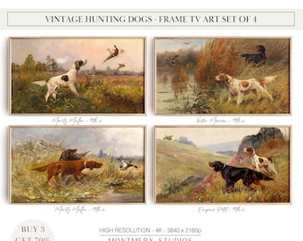 May include: Set of four vintage hunting dog paintings in ornate gold frames. Each painting depicts a dog in a field setting with a pheasant or duck in the background. The paintings are titled "Moritz Maffer", "Victor Marcou", "Mority Maller", and "Eugene Poltt".