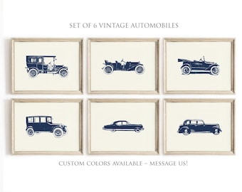 Vintage Car Nursery Wall Art Set of 6, Classic Antique Automobile Illustrations, Navy Beige Baby Boy Decor, Retro Transportation Prints S036