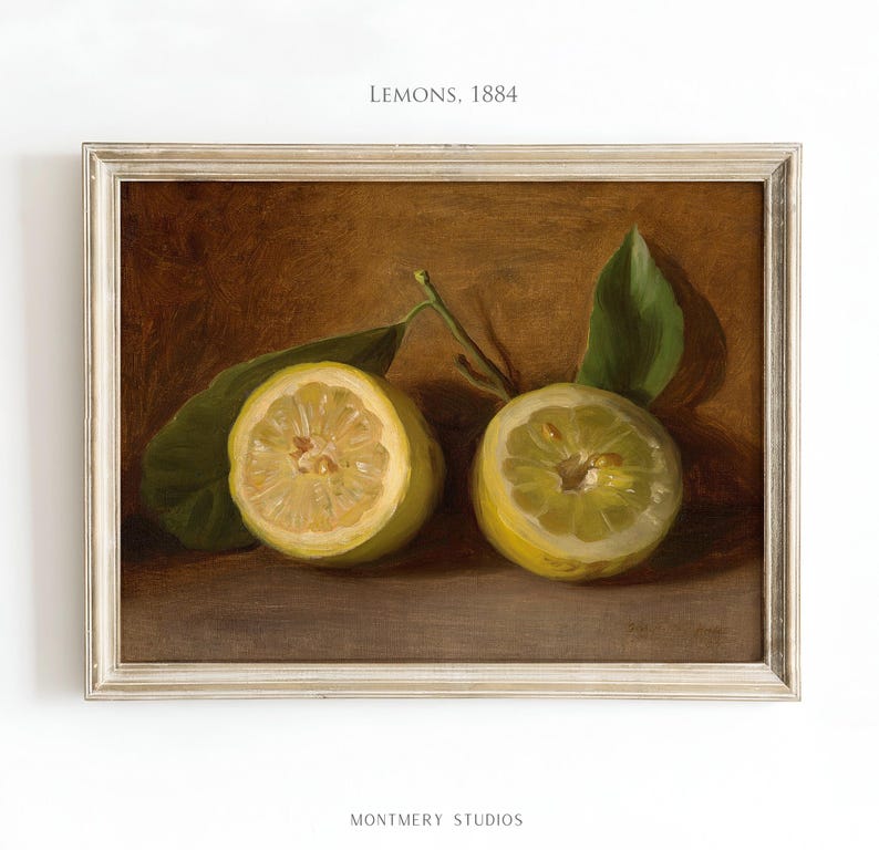 Lemons still life art print, vintage citrus painting, rustic kitchen fruit decor, classic still life artwork, country farmhouse wall art, yellow lemon print for dining room, traditional fruit painting, kitchen citrus wall decor, antique-style still life, elegant lemon artwork for home, timeless fruit illustration, rustic country kitchen print, cozy farmhouse lemon decor, still life citrus composition, vintage-inspired fruit wall art, classic kitchen painting with lemons.