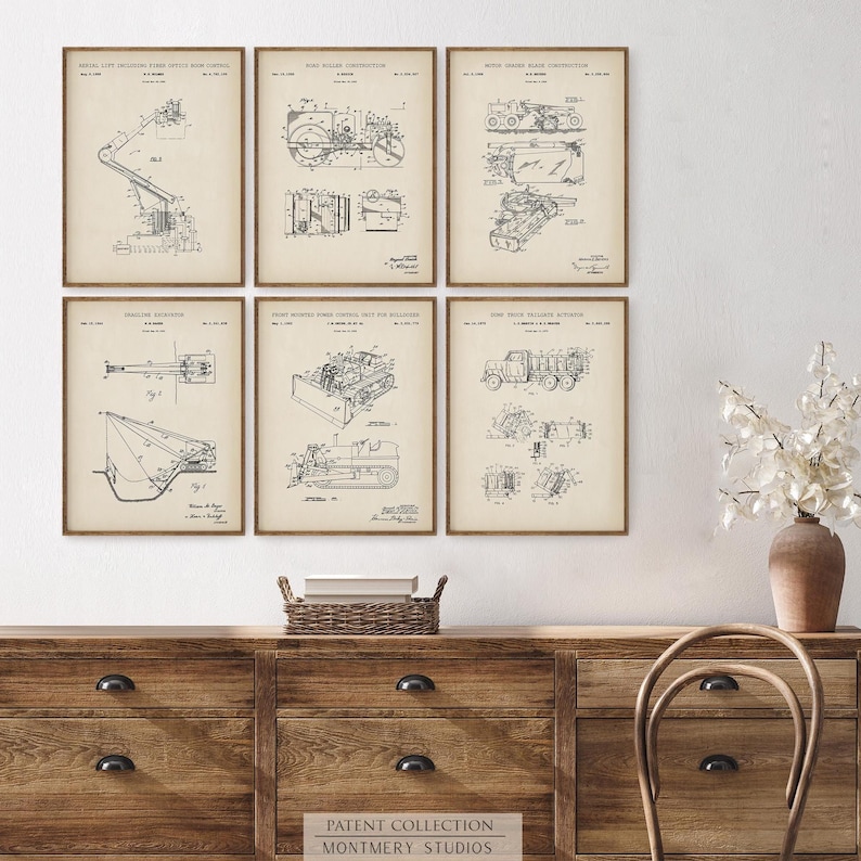Vintage construction vehicle patent print set featuring 15 heavy equipment designs including excavator, dump truck, bulldozer, backhoe, skid steer loader, tower crane, road roller, and concrete mixer. Perfect for man cave wall art, kids room decor, or contractor gift. These high-resolution prints showcase industrial machinery blueprints and are ideal for boys room art, construction nursery, or heavy equipment collectors.