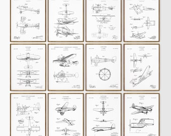 Flugzeug Patent Drucke 12er Set, weißer Hintergrund, Man Höhle Dekor, Luftfahrt Kinderzimmer Wand Kunst, (Digitaler Download) PS72