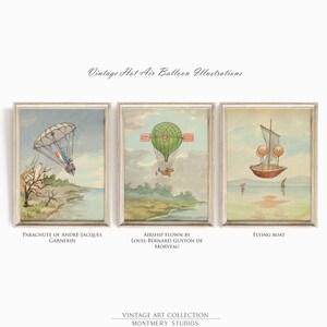 Vintage hot air balloon illustrations, aviation nursery wall art, Montgolfier brothers balloon, historic flight printables, pilot kids room decor, 1783 French aviation, antique balloon decor, first flight artwork, aviation history prints