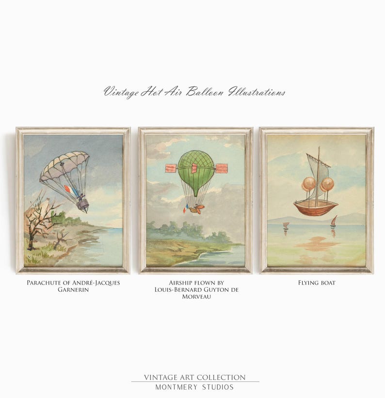 Vintage hot air balloon illustrations, aviation nursery wall art, Montgolfier brothers balloon, historic flight printables, pilot kids room decor, 1783 French aviation, antique balloon decor, first flight artwork, aviation history prints