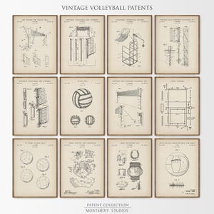 May include: A collection of twelve framed vintage volleyball patents. The prints feature detailed technical drawings of volleyball equipment and court diagrams. The text "VINTAGE VOLLEYBALL PATENTS" and "PATENT COLLECTION MONTMRY STUDIOS" are visible.
