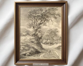Landscape with Oak Tree Drawing Print, Fine Art Nature Sketch, Black and White Landscape Sketch, Rustic Country Farmhouse Decor, Digital A10