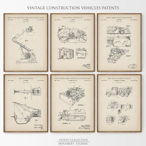 Vintage construction vehicle patent print set featuring 15 heavy equipment designs including excavator, dump truck, bulldozer, backhoe, skid steer loader, tower crane, road roller, and concrete mixer. Perfect for man cave wall art, kids room decor, or contractor gift. These high-resolution prints showcase industrial machinery blueprints and are ideal for boys room art, construction nursery, or heavy equipment collectors.