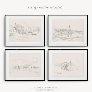 vintage Western art prints, 19th-century Native American life sketches by Walter Shirlaw, black and white frontier decor, cowboy prints, rustic home decor, historical art prints, Western wall art, pioneer art, antique sketches
