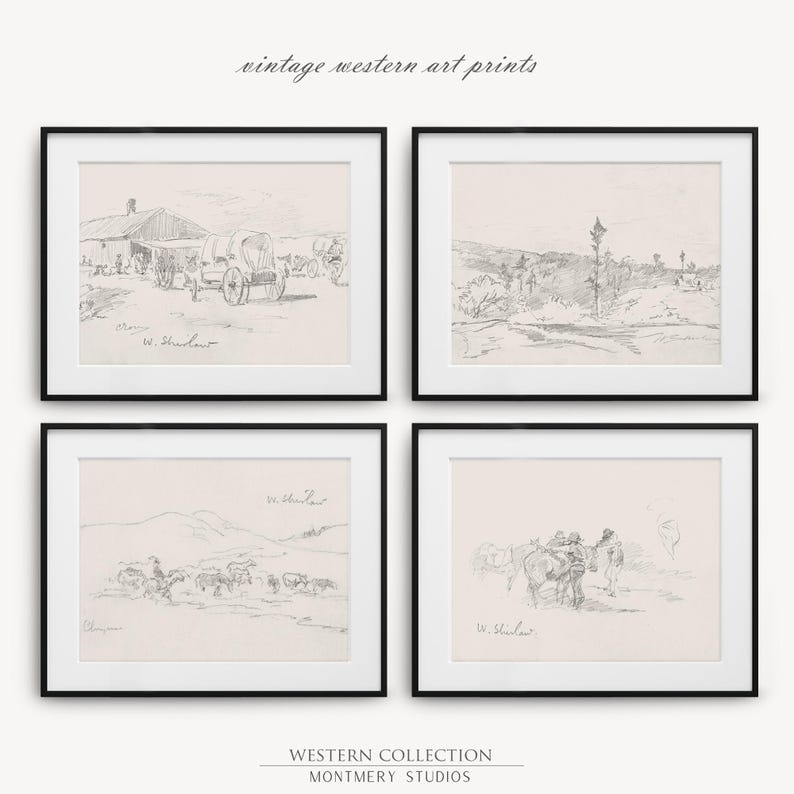 vintage Western art prints, 19th-century Native American life sketches by Walter Shirlaw, black and white frontier decor, cowboy prints, rustic home decor, historical art prints, Western wall art, pioneer art, antique sketches