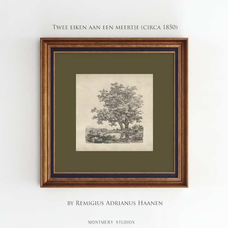 Antique tree etching, vintage forest landscape, square printable wall art with sage green mat, 19th century Dutch drawing, old oak trees by a lake, dark green nature sketch, classical tree illustration, rustic woodland decor, forest art print download, vintage-style landscape for gallery wall, Remigius Adrianus Haanen artwork, detailed tree line drawing, printable antique artwork for home decor