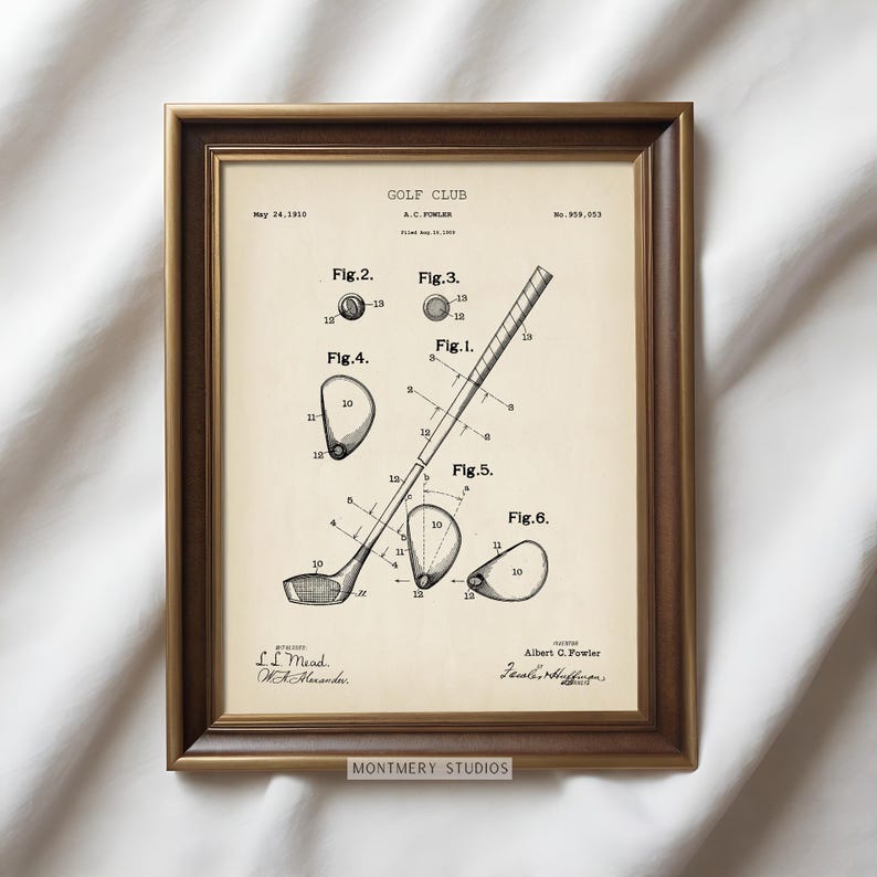 vintage golf patent prints, featuring golf clubs, golf balls, golf tees, golf carts, golf caddy bags, golf shoes, and gloves. Perfect for man cave decor, golf lovers, office, or sports room. blueprint golf wall art for enthusiasts and collectors