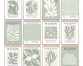 Lot de 12 affiches Henri Matisse, estampes Matisse vert sauge, art bohème neutre, mur moderne de la galerie Matisse, fleurs abstraites géométriques