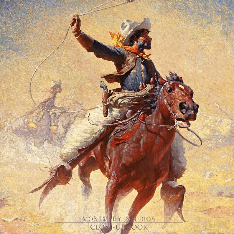 Western cowboy art set of 2 featuring vintage cowboy prints, rustic frontier scenes, and Old West horse riders. Perfect for Western home decor, farmhouse wall art, or Southwestern interiors. Antique cowboy artwork with a nostalgic Wild West feel, ideal for ranch-style homes, cowboy-themed rooms, or rustic lodge decor. Pioneer and frontier-inspired prints capturing the spirit of the American West, blending history, adventure, and classic Western aesthetics.