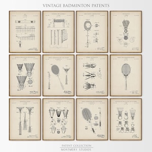 Conjunto de 12 estampas patenteadas de badminton, presente de badminton, peteca de raquete de badminton, estampa de badminton, arte vintage de badminton, pôster esportivo, PS38