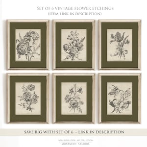 Set of two vintage-inspired flower sketches in soft sage and deep green tones, perfect for wall decor. Delicate botanical drawings with antique etching style, ideal for living room, baby nursery room, kids room, bedroom, or entryway. Classic floral artwork with hand-drawn details, dark green botanical prints for a timeless and elegant home aesthetic. Vintage wall art set, perfect for adding subtle color and natural beauty to any space.